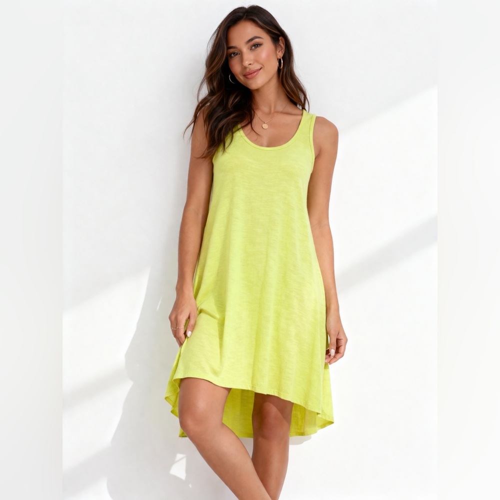 Eileen‎ Fisher Yellow High Low Tank Dress L Organic Cotton Scoop Neck Sleeveless